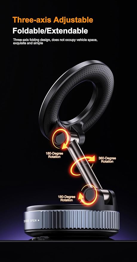 2026 Design Powerful Magnetic Car Phone Holder – 360° Rotating Silicone Vacuum Suction Mount for Dashboard Universal Magnetic Mount Compatible with All iPhone, Samsung, Huawei, Xiaomi & More. (Black)