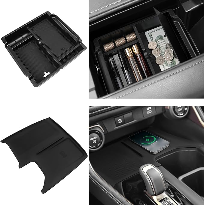 BlBLOZ Wireless Charging Anti-Slip Mat and Center Console Organizer(with Secret Compartment) for Toyota Grand Highlander 2024 2025 2026 Accessories Silicone Anti-Slip Wireless Charger Cover Pad 2PCS