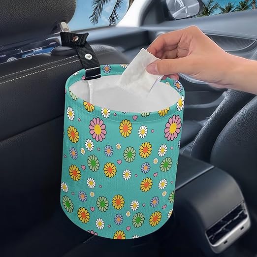 Brosoneto Hippie Flower Cute Print Car Trash Can Reusable Foldable Hanging Portable Dustbin Bin Waste Basket Car Accessories Interior for Car SUV Trucks Universal
