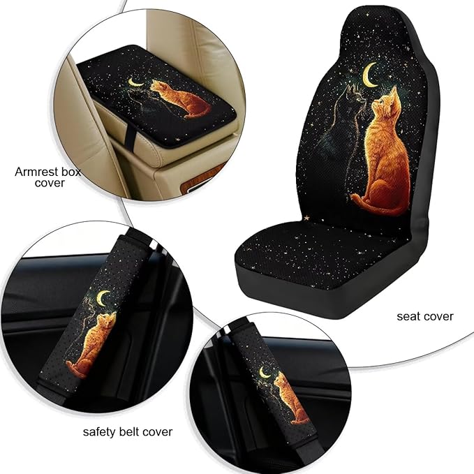 Oramclsy Cat Heavy Duty Car Seat Cover Set Star Armrest Pad + PU Breathable Seat Belt Pad Essential Car Accessories