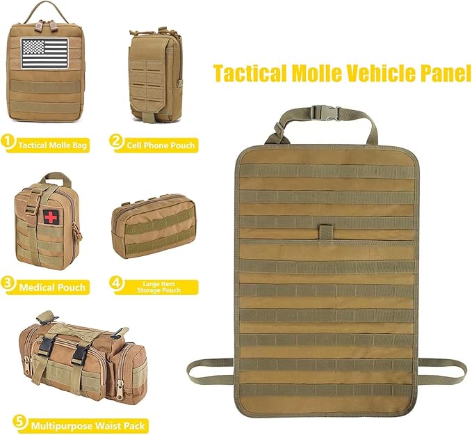 Tactical Car Seat Back Organizer Hanger Bag with 5 Detachable Molle Pouch Vehicle Molle Panel Organizer Storage Bag Universal for for most car models (Khaki)
