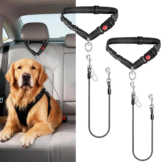 Idepet Dog Seat Belt for Car, 2 Pcs Stainless Steel Chew Proof Dog Seatbelt 3 in 1 Harness for Safety Heavy Duty Pet Seat Belt for Medium & Large Dogs (Black+Black)
