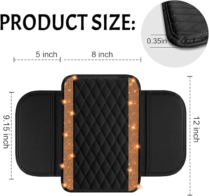 Bling Car Center Console Cover, Leather Car Arm Rest Cover Cushion with 2 Storage Bags, Universal Auto Armrest Protector Storage Box, Bling Accessories Interior for Most Vehicles (Orange Diamond)