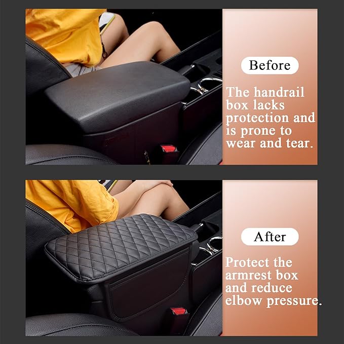 Upgraded Car Center Console Cover, Leather Armrest Cushion Pad with 2 Storage Bags, Microfiber Soft Waterproof Seat Box Cover Protector, Car Interior Decor Accessories Fit for Most Cars, Vehicles