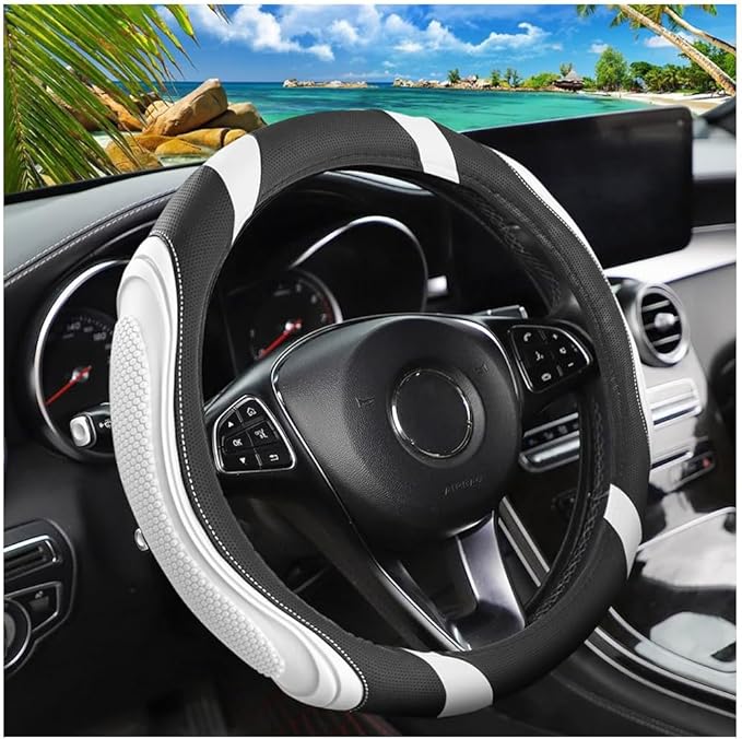 15 Inch Car Leather Steering Wheel Cover, Automotive Accessories Elastic Breathable Anti-Slip Soft Wheel Protector Fits Men and Women, Suitable for SUVs, Trucks, Vehicles and RVs (White)