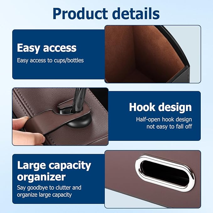 Multifunctional Car Back Seat Storage Organize, 2026 Upgrade 3-in-1 Car Backseat Organizer with Cup Holder, Tissue Box, Trash Bin & Hooks, for Hold Phones, Snacks, Drinks, and Handbags (Brown)