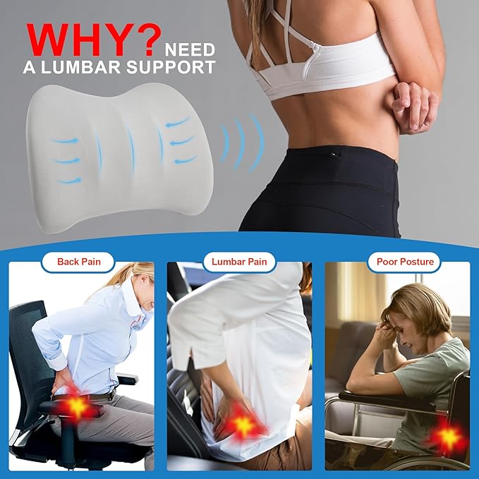 Lumbar Support Pillow for Car, Memory Foam Lumbar Pillow for Lower Back Pain Relief - Back Cushion for Driving, Chair Support for Car-Office Chair, Wheelchair - Matte Gray