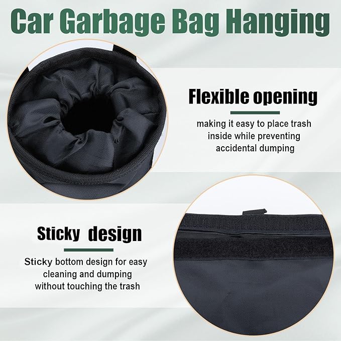 ecocstm 2 PCS Car Trash Bags, Washable Car Garbage Bag Hanging, Detachable Trash Can with Top Elastic Vent & Sticky Strap Bottom Opening, Seat Back Tash Bag for Cars,Travelling,Outdoor