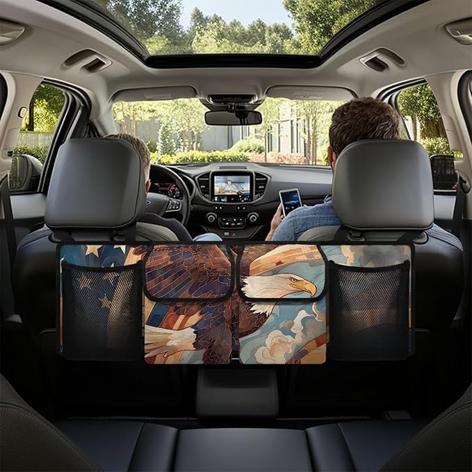 Back Seat Trunk Organizer Hanging Car Organizer Trunk Foldable Cargo Storage with 2 Large Storage Bag & 2 Mesh Pockets& 3 Adjustable Straps 37.01x11.81 inch,American Flag Eagle