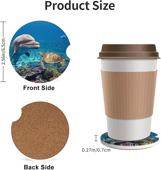 HUWAAI Dolphin Turtle Reef Ocean Car Cup Holder Coasters 2 Pack Universal 2.63 Inch Anti Slip Ceramic Absorbent Coaster with Cork Base and Finger Notch Cute Car Accessories Interior for Women