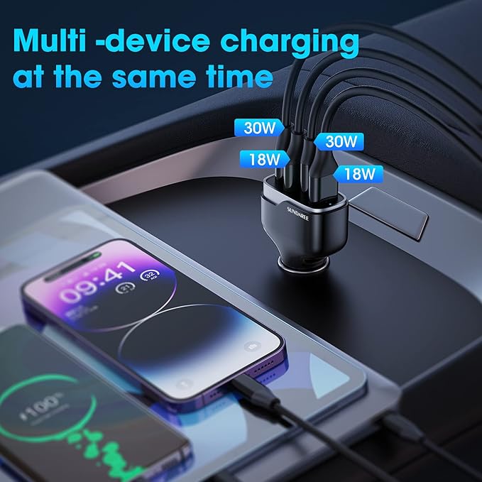 SUNDAREE 4 Ports USB C Fast Car Charger with Plug Outlet, Car Charger Adapter with 3.3FT Cable(USB-A to USB-C), Dual QC 18W & PD 30W Car Phone Charger for iPhone 17/16/15 Pro/Max/SamsungS25 & More