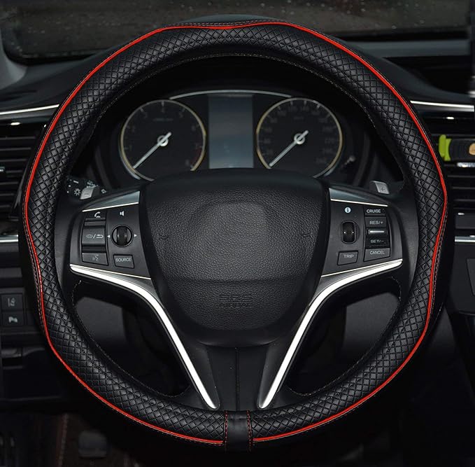 Microfiber Leather Car Steering Wheel Cover, Soft Padding, Durable, No Smell, Universal 15 Inch Steering Cover, Anti-Slip Embossing Pattern A, Black with Red Line