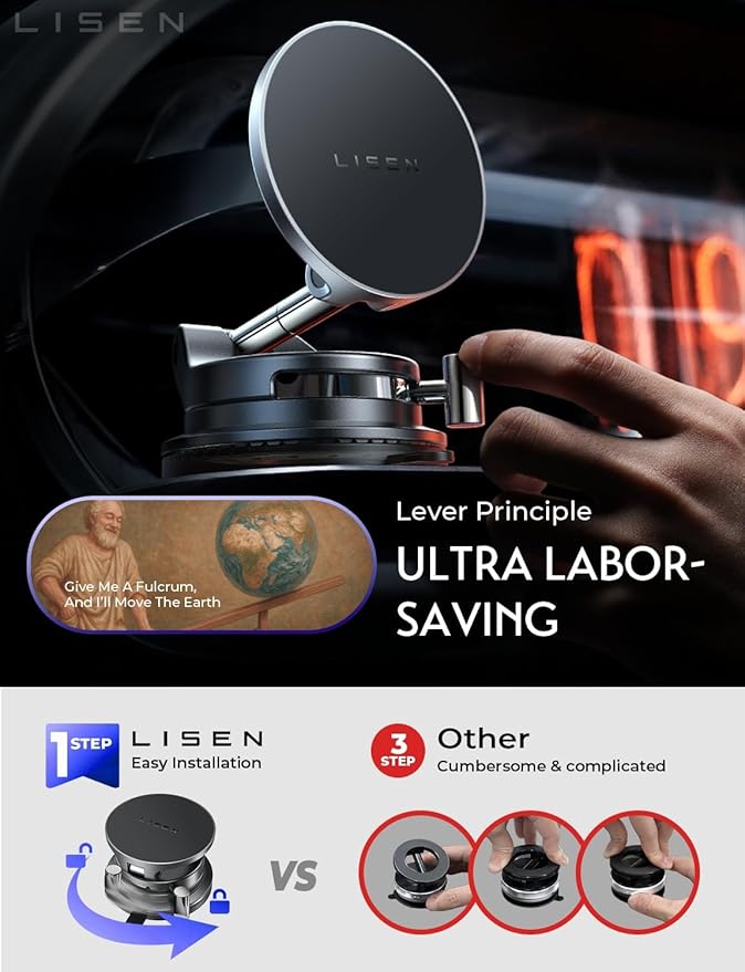 LISEN 15W Magsafe Car Mount Charger， [ SuctionPro ] 15W Wireless Car Charger, Suction Cup Phone Holder,360° Vacuum Magnetic Phone Holder for iPhone 17 Pro Max Air 17-12,Samsung S25 with MagSafe Case