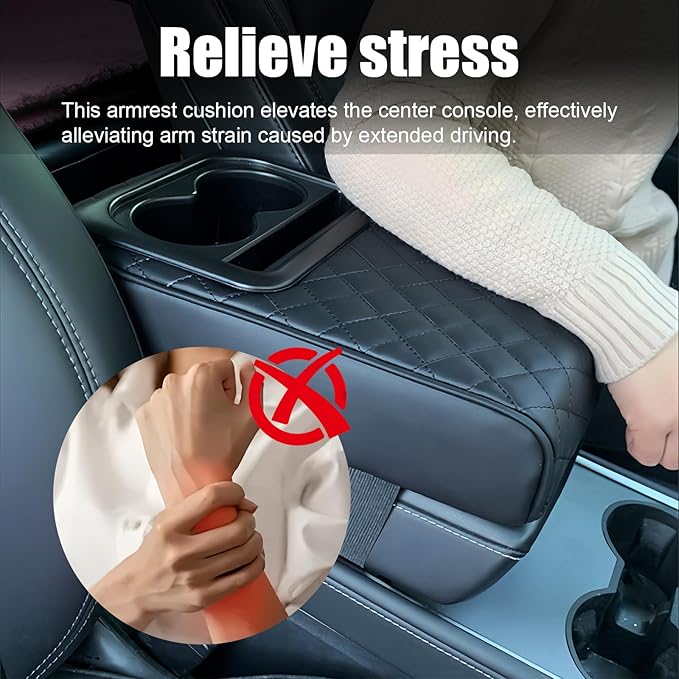 Leather Car Armrest Cup Holder Cushion, Memory Foam Car Arm Rest Cushion with Cup Holder & Phone Storage, Waterproof Ergonomic Armrest Box, 13.78" x 7.78" (Black)
