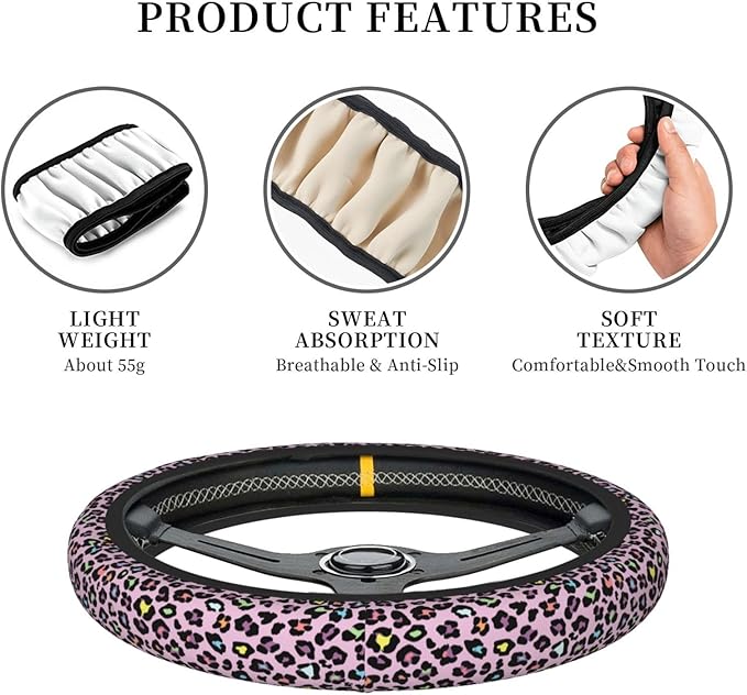 Pink Leopard Print Neoprene Steering Wheel Cover for Men Women Anti-Slip Elastic Steering Wheel Protective Cover 15in Universal Car Accessories Fit Cars, SUVs, Auto