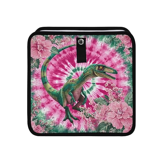 Car Trash Can Organizer Bin with Adjustable Strap for Back Front Seat Console Waterproof Leakproof Collapsible Portable 8.66 Inch Tie Dye Dinosaur Pink Green