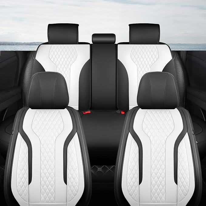 FEINEPRO Leather Car Seat Covers Full Set, Breathable Faux Leather Seat Covers for Cars SUV Sedan Waterproof Blackwhite