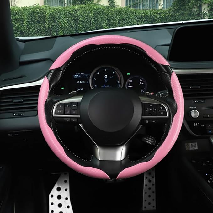 3pcs Carbon Fiber Car Steering Wheel Cover, Segmented Anti-Skid Steering Wheel Protector, Universal 99% Steering Wheel, Butterfly Steering Wheel Cover Women Men, Car Accessories Interior (Pink)