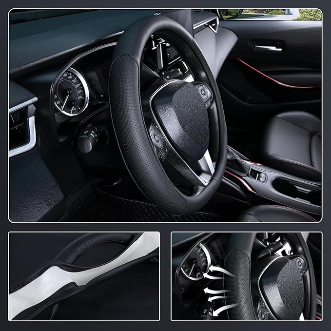 SEG Direct D Shaped Steering Wheel Cover for 14.5-15 inch Flat Bottom Wheels, Breathable Perforated Microfiber Leather, Anti-Slip Grip, Universal Fit for Cars & SUVs, Black