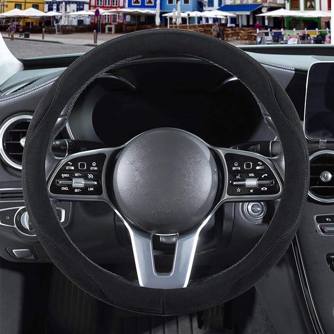 Black Suede Steering Wheel Cover Large for Model X Model S Ford F150 F250 F350, Breathable Non-Slip Sweat-Proof Wear-Resistant, Warm in Winter and Cool in Summer, 15.5 inch to 16 inch