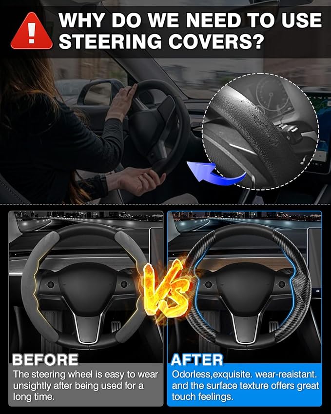 Shademax for Tesla Steering Wheel Cover Tesla Model Y/3 2017-2025 2026 (Fit Model Y Juniper 2026/ Model 3 Highland) Carbon Fiber Steering Wheel Cover Protector Anti-Slip Model Y/3 Accessories (Black)
