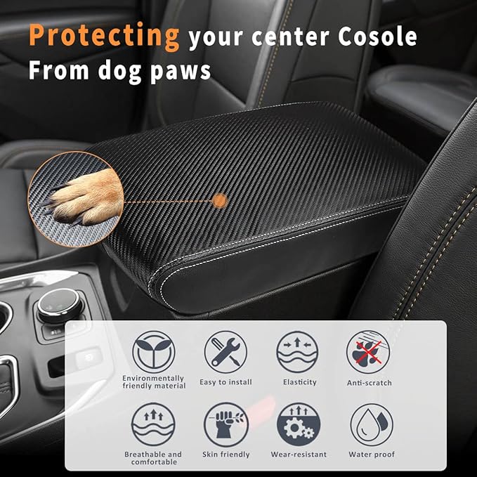 INTGET Center Console Armrest Cover for Chevy Traverse Accessories 2018-2023 2019 2020 2021 2022 Leather Middle Console Lid Pad Protector Elbow Arm Rest Covering Car (Black with Carbon Fiber Texture)