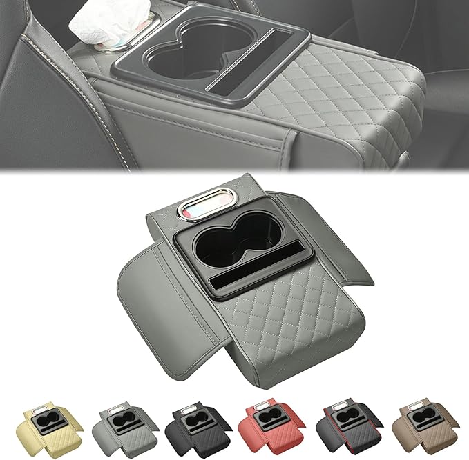 2025 New Auto Center Console Armrest Cushion with 2 Cup Holder, Car Center Console Armrest Pillow, Memory Foam Arm Rest Box Protector for Most Vehicles, Car Accessories (Grey)