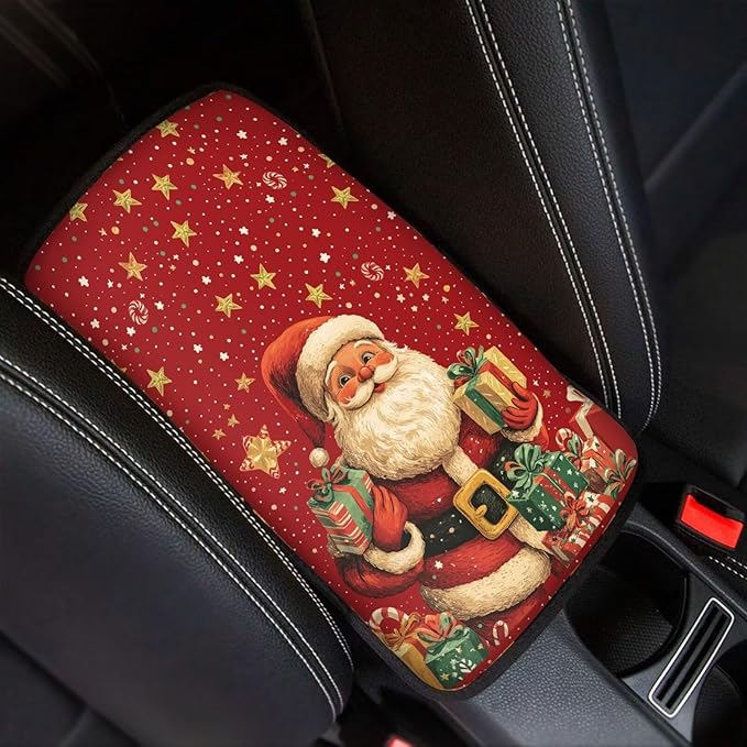 Mintutlipy Santa Claus Star Car Armrest Cushion Universal Automotive Center Console Cover for Most Cars Durable Car Storage Box Mat