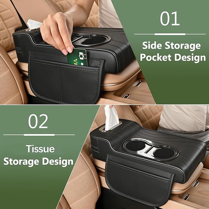 Upgrade Multifunctional Car Armrest Cushion,Center Console Cover with 2 Cup Holder,Arm Rest Cover for Car,Car Armrest Storage Box, Car Accessories Center Console Organizers for Most Cars