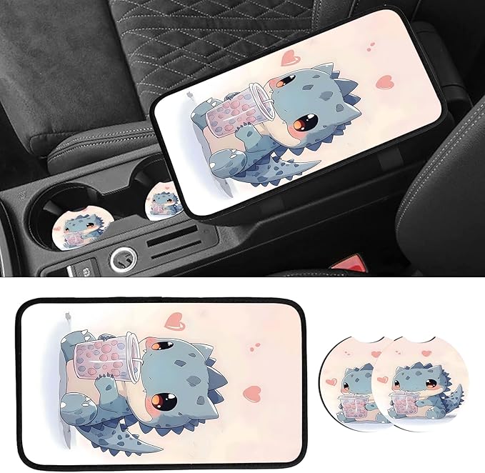 JANENFNA Car Armrest Cover Pads Universal Fashion Cute Auto Center Console Armrest Cover Pad with 2PCS Car Coasters Soft Waterproof Car Armrest Seat Protector for Women,Cate Tyrannosaurus