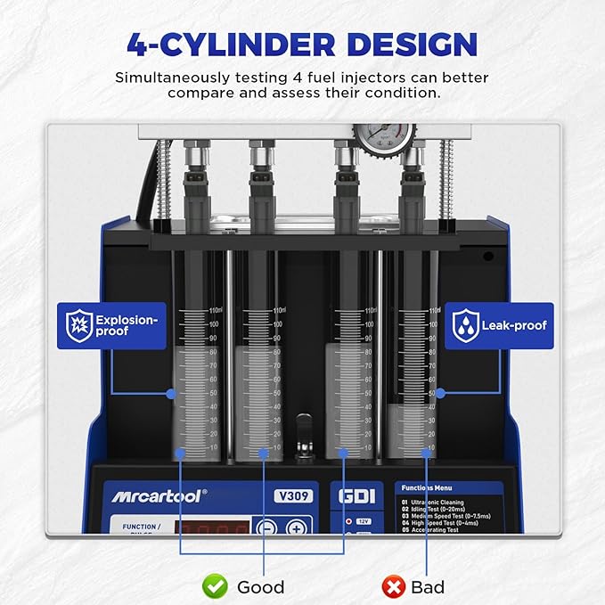 MR CARTOOL V309 GDI Fuel Injector Cleaner Tester Machine Diesel & Gasoline110V/220V 4-Cylinder Injector Cleaning Machine, Ultrasonic Test Clean Kit for Car Motorcycle EFI/FSI Injectors