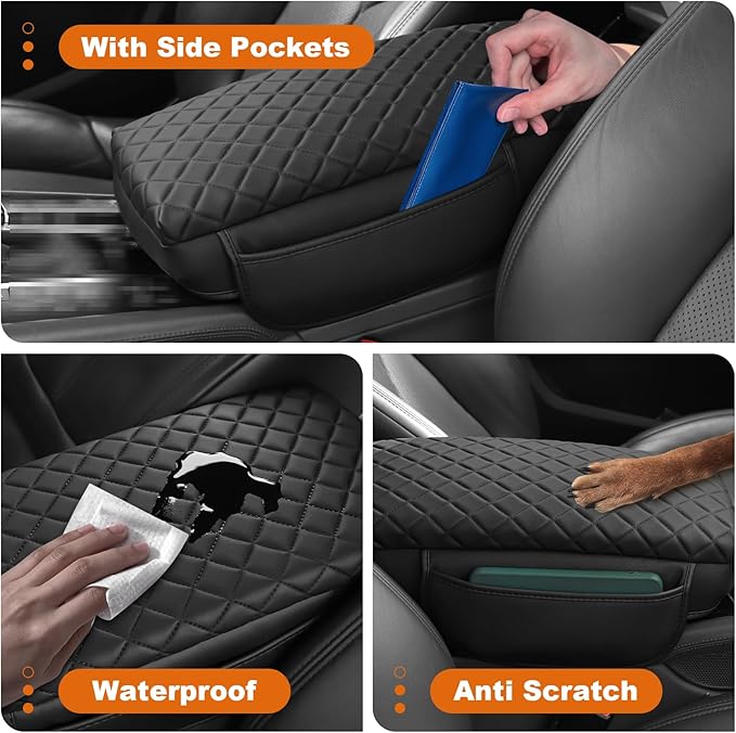 Center Console Armrest Cover for Toyota Camry 2007-2011 Accessories Arm Rest Pad Console Cushion Lid Middle Console Protector Black Leather with Pockets