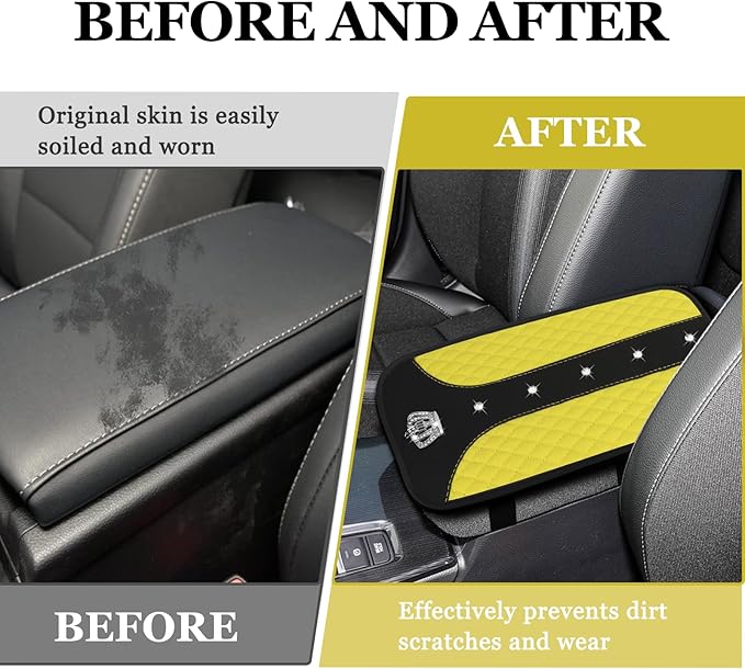 Bling Crown Car Center Console Cover, 12.7"×7.7" Armrest Cover for Cars, Waterproof Leather Arm Rest Box Pad Cushion, Universal Middle Console Cover Protector, Car Accessories (Yellow)