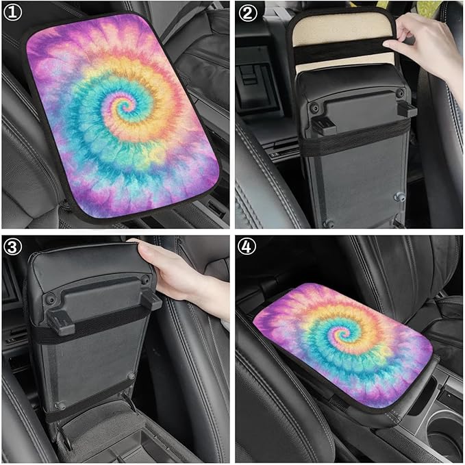 Pink Purple Tie Dye Center Console Cover Pad Car Spiral Blue Orange Armrest Box Mat Truck Comfort Memory Foam Arm Rest Cushion Car Accessories Universal Fit 13x8 Inch