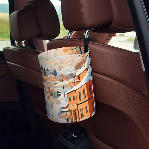 Car Trash Can Hanging, Winter Snowy Town Waterproof Auto Garbage Bin Universal Vehicle Waste Container, 3.5L Capacity