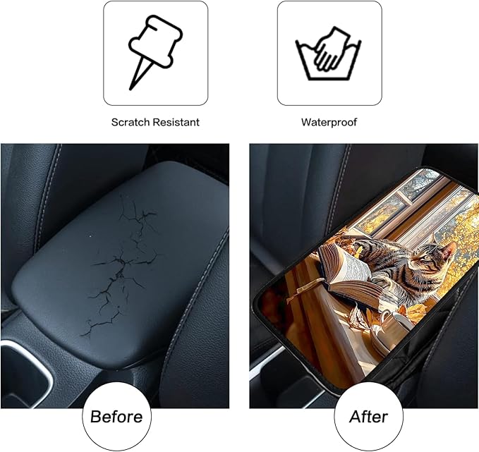 JANENFNA Car Armrest Cover Pads Universal Fashion Cute Auto Center Console Armrest Cover Pad with 2PCS Car Coasters Soft Waterproof Car Armrest Seat Protector for Women,Cat Reading by Window