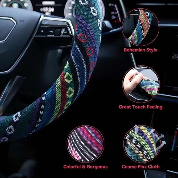 Limsas Boho Steering Wheel Cover Elastic Microfiber for Women, Universal Fit 15 inch Car SUV, Hippie Style Protector Cover, Anti-Slip, Breathable, Absorbing Sweat - 02