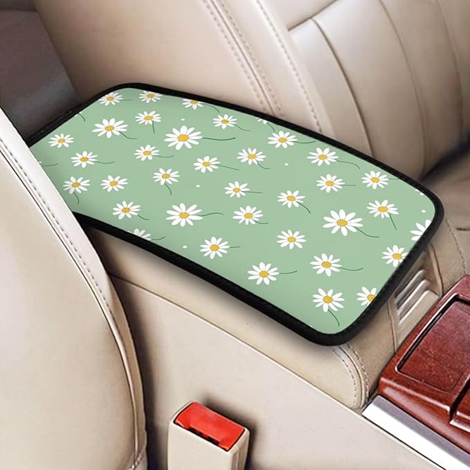 Car Center Console Cushion Pad Daisy Floral Non-Slip Armrest Cover Wildflower Cute Auto Center Console Lid Covers Anti-Scratch Arm Rest Pads