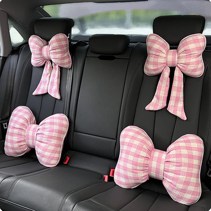 Car Accessories Plaid Bow Headrest Lumbar Pillow 4PCs Set Cotton Linen Elegant Soft Car Seat Cushions for Daily Commuting Trave (Pink Plaid,headrest+Lumbar Pillow 2pcs)