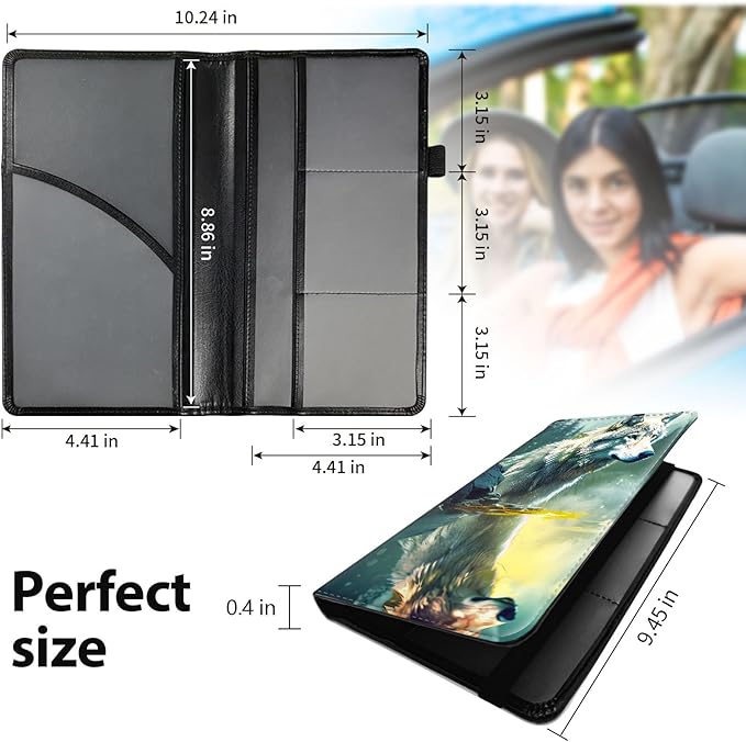 Mxfdegf Car Registration & Insurance Holder, Leather Glove Box Organizer, Cool Accessories for ID, Driver's License Cards & Essential Documents, Business Cards, Men & Women, Forest Wolfs