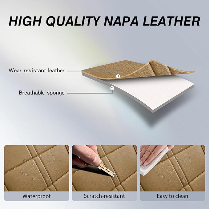 crossmiles Faux Leather Car Seat Covers Full Set, Foam Seat Cover for Car, Universal Car Seat Protector with Waterproof and Breath Fit for Cars, Trucks, SUV, Vans(Beige Square)