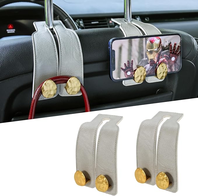 URIZZD 2PCS Leather Car Seat Hooks for Headrest, Vehicle Hanger Storage Organizer Universal for Handbag Purse, Car Accessories Gift (Grey-Gold)