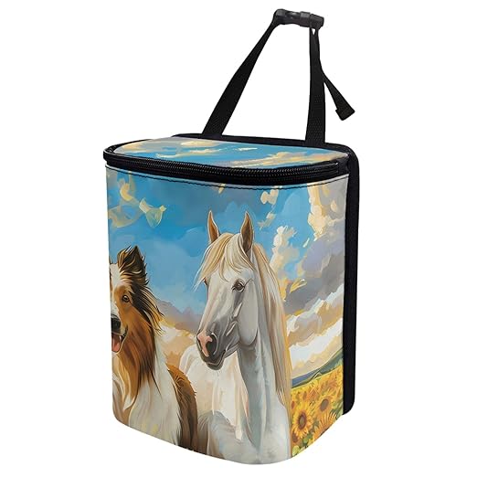 Rustic Style Collie Horse Car Garbage Container, Artistic Vehicle Trash Bin for Animal Lovers Leak-Proof Zipper Design for Back Seat