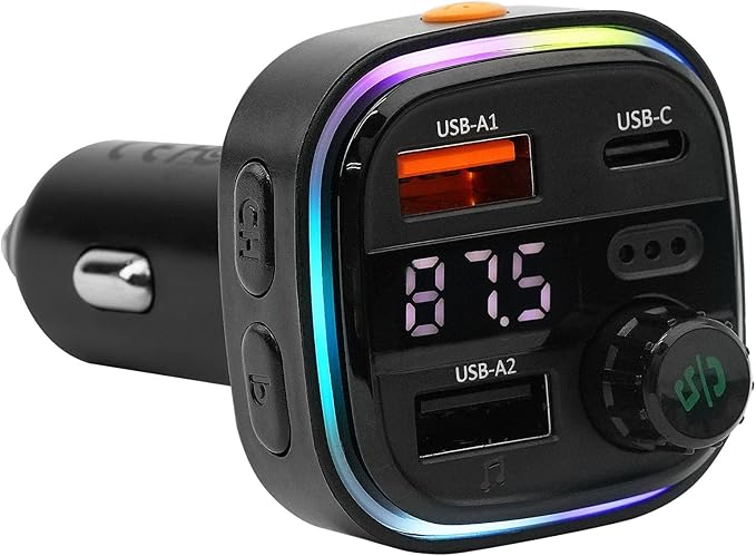 iStuff Wireless Music Stream Car Charger (NP-5000BTR), Multi-Connect Ports, USB A, USB C, U Disk, Fast Charging, Hands-Free Calling, LED Display, Bass Options, Colorful Lights, Universal Fit OEM 12V