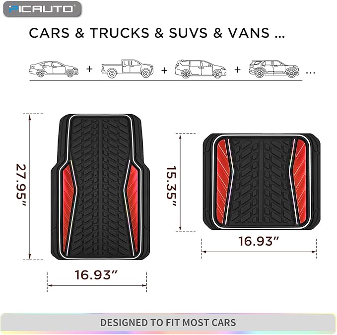 PIC AUTO Car Floor Mats, Red Aluminum-Molded with Full-Circle Iridescent Inlay Strip Car Mats, Universal-Fit Rubber Mats for Cars, Trucks & SUVs, All-Weather, Non-Slip, Easy-to-Clean Interior Mats
