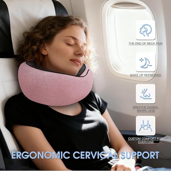 Dujuanus Neck Travel Pillows for Airplanes Memory Foam Neck Comfort Pillow Compact Ergonomic Design Sleeping Essentials for Long Flights Car Rides and Home Use (Pink)