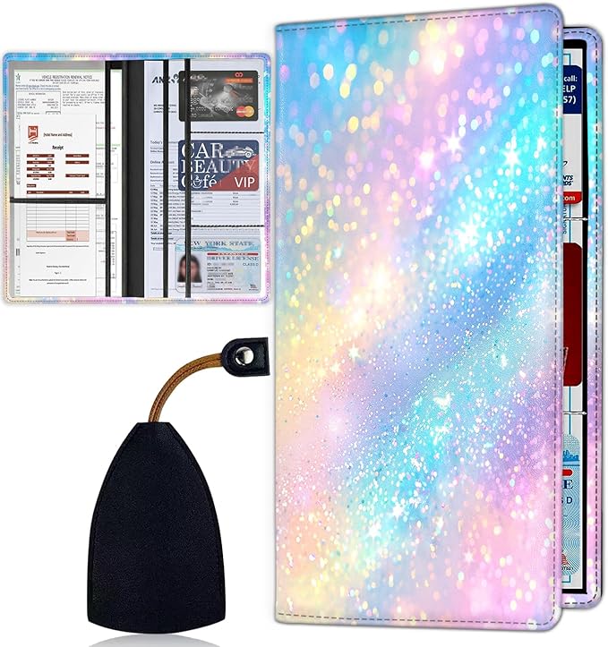 Car Registration Holder, Waterproof PU Leather Vehicle Card Document Glove Box Organizer, Women Interior Auto Accessories Case for Cards, Driver License Car Insurance Holder, Colorful Glitter Pattern