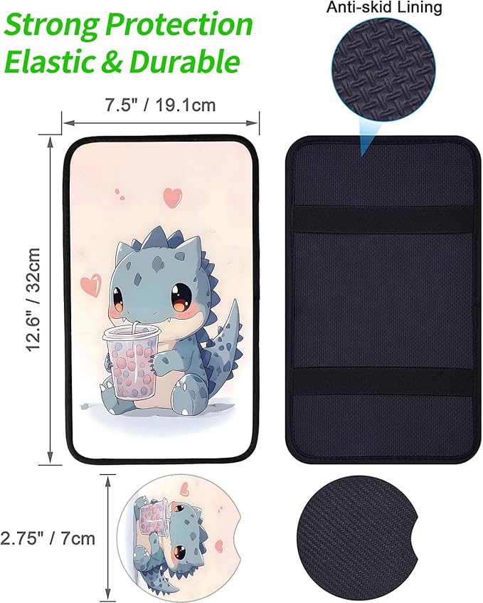 JANENFNA Car Armrest Cover Pads Universal Fashion Cute Auto Center Console Armrest Cover Pad with 2PCS Car Coasters Soft Waterproof Car Armrest Seat Protector for Women,Cate Tyrannosaurus