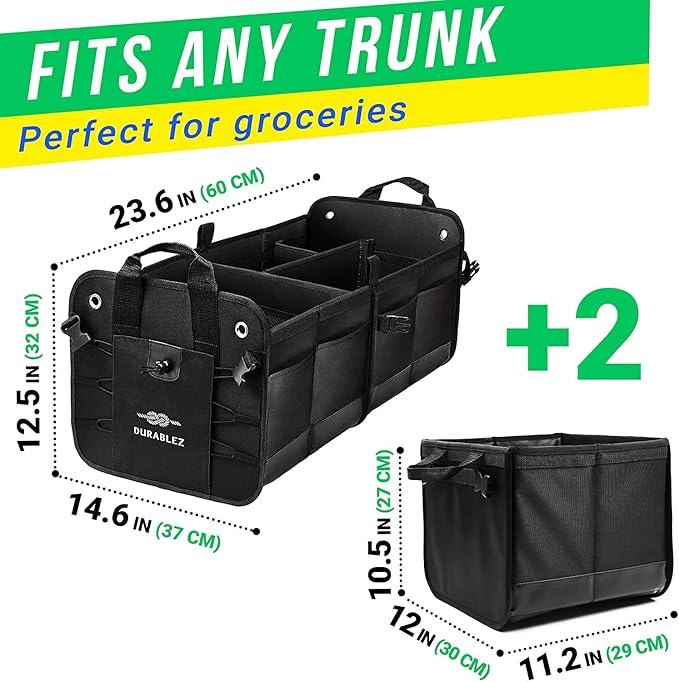 DURABLEZ Trunk Organizer 4-Section XL Modular Car Storage System – Extra Large Cargo Organizer for Car Trunk, Foldable Multi-Compartment Auto Organizer, Heavy Duty 1680D Oxford – Black