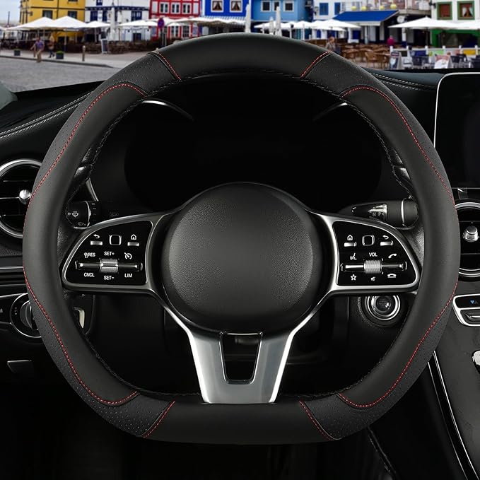 Binsheo Microfiber Leather D Shaped Steering Wheel Cover, Breathable, Anti Slip, 13.5 inch to 14 inch, Black
